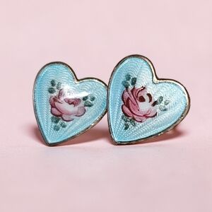 VINTAGE STERLING PINK ROSES ON BLUE GUILLOCHE ENAMEL HEART SCREWBACK EARRINGS